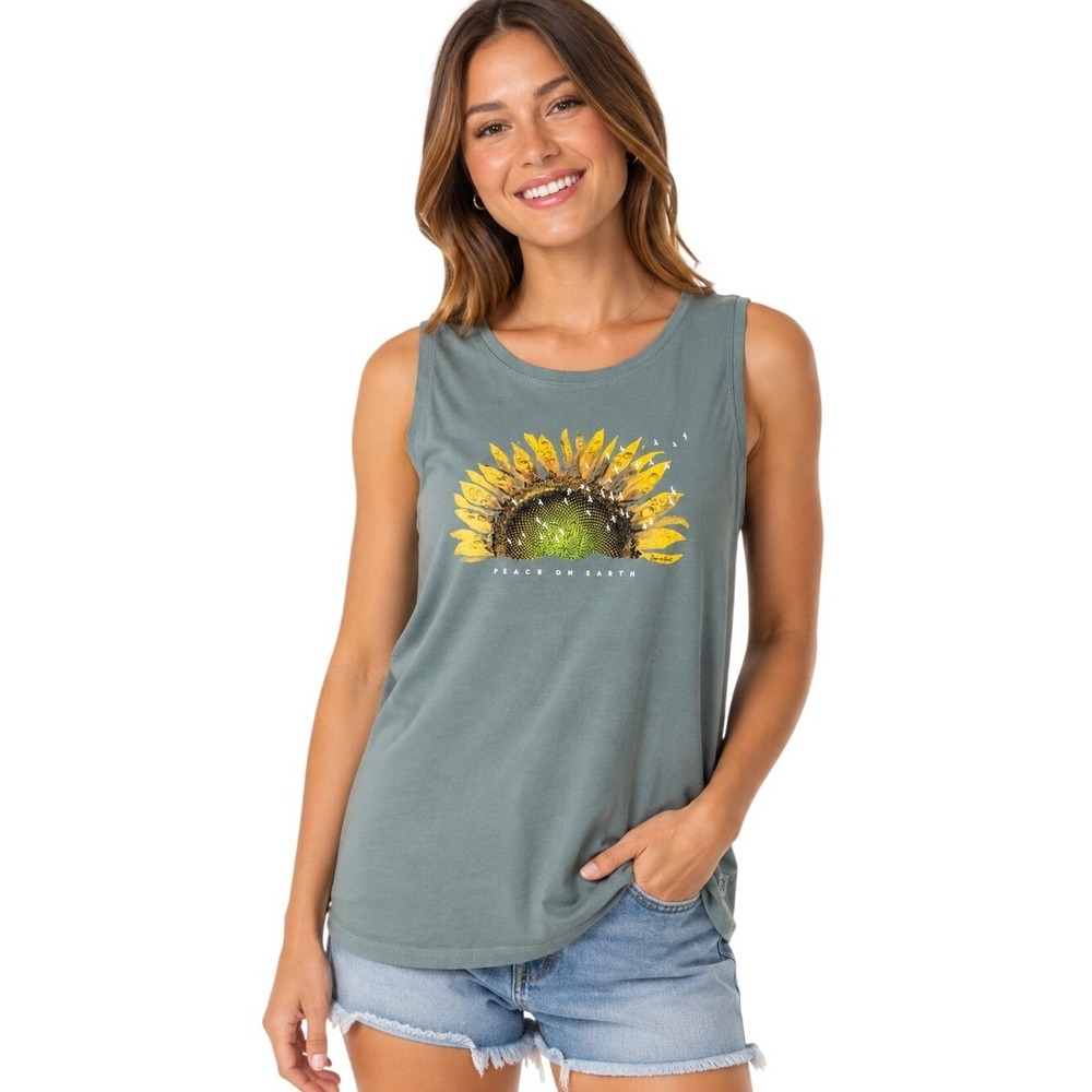 Life is Good Womens Crusher Tank Top Blue Sunflower Peace on Earth | Size M